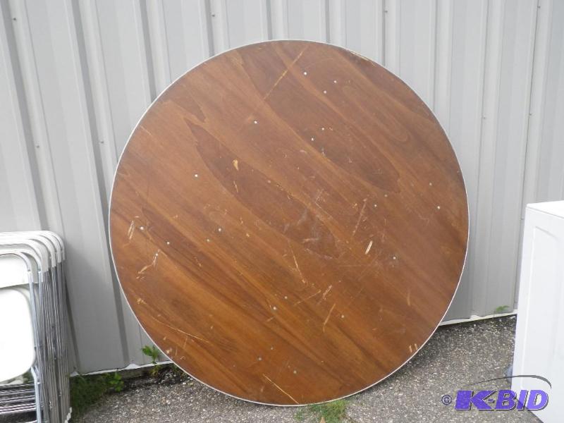 6 round wooden table with metal edge band...