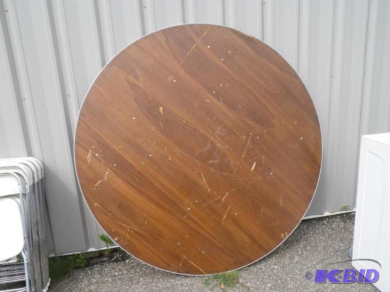 6 round wooden table with metal edge band...