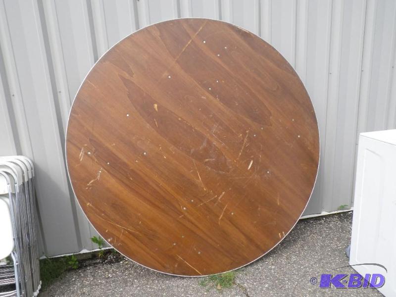 6 round wooden table with metal edge band...