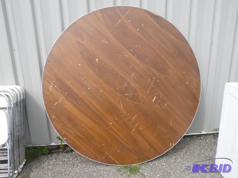 6 round wooden table with metal edge band...