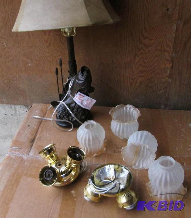 lot of chandelier parts and fishing lamp with...