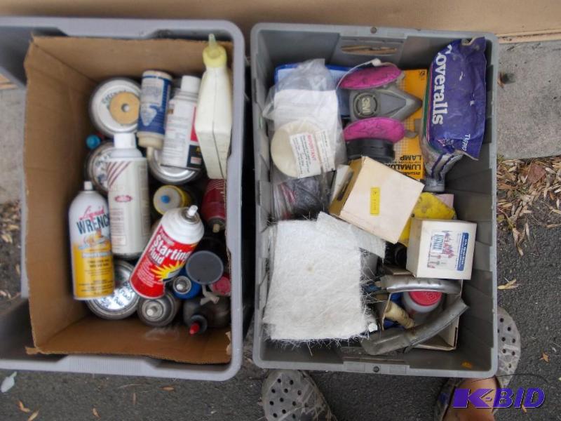 lot 10 image: 2-Totes Of Misc Oil Spouts, Bondo, Paint Resp...
