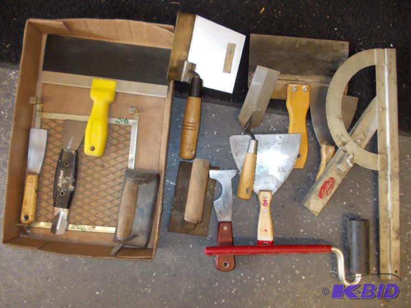 lot 13 image: Box Lot Of Scrapers, Trowels, Roller, Big Pro...