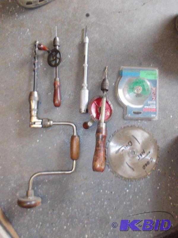 lot 18 image: Box Lot Of 4-Hand Drills With Bits & Asso...
