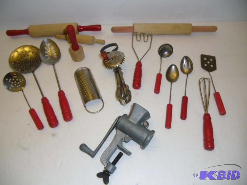 lot 20014 image: Red Wood Handle Kitchen Utensils Child Toy Rolling Pins, Spoons, Egg Beater,  Meat Grinder