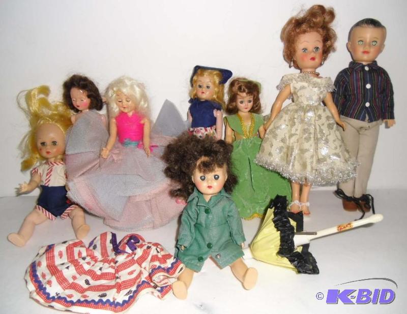 lot 20026 image: Vintage Dolls Vogue  Hard Plastic Rubber Face Sleep Eyes Ginny Umbrella Terri Lee Dress