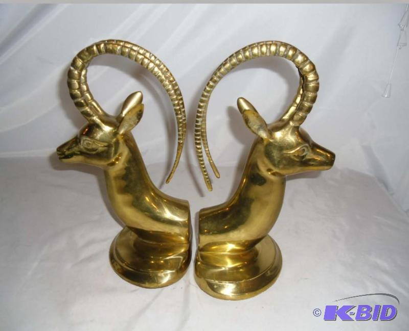 lot 20030 image: Pair of Brass Bookends Antelope Gazelle Impala Oryx Deer Hollywood Regency