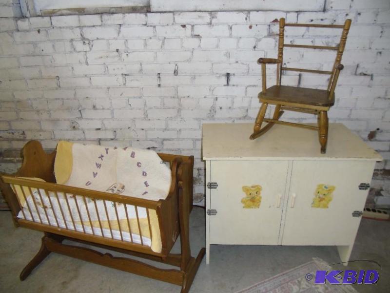 lot 20031 image: Antique Babys Cradle, White Storage Cupboard, Childr Rocking Chair & Handmade Infants Quilt