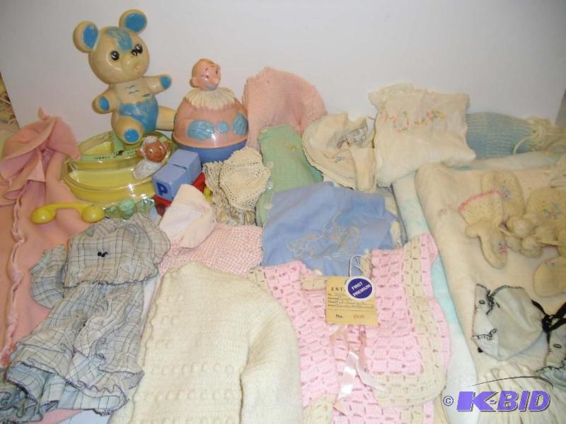 lot 20032 image: Vintage Baby Infant Doll Clothes, Blankets, Bibs, Tommee Tippee Toys Knit Crocheted