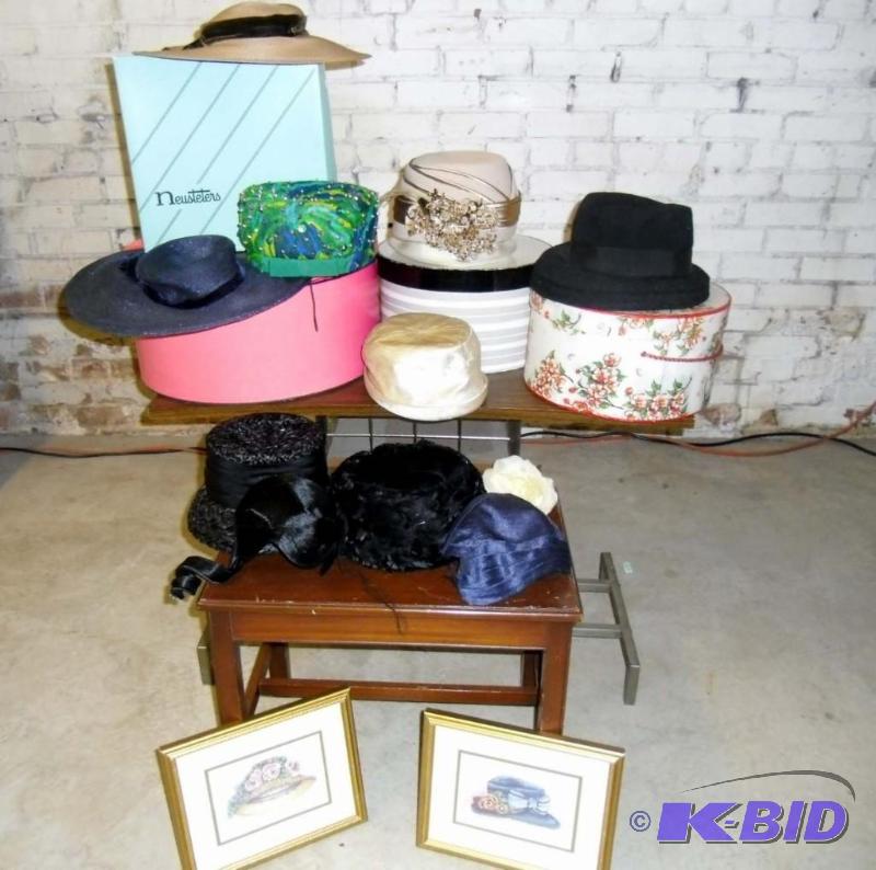 lot 20039 image: Collection of Vintage Hats & Hatboxes Coralie, Neusteters and 2 Framed Hat Prints