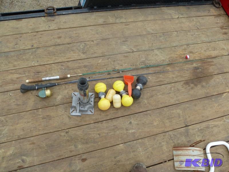 lot 20 image: Fishing rods x 3 Marker weights x 3 scoop, an...
