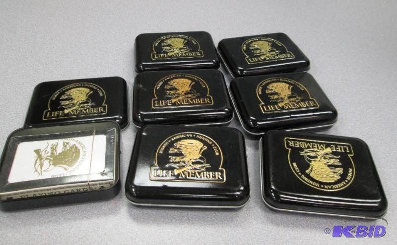lot 176 image: Qty 7 North American hunting club tin with pl...