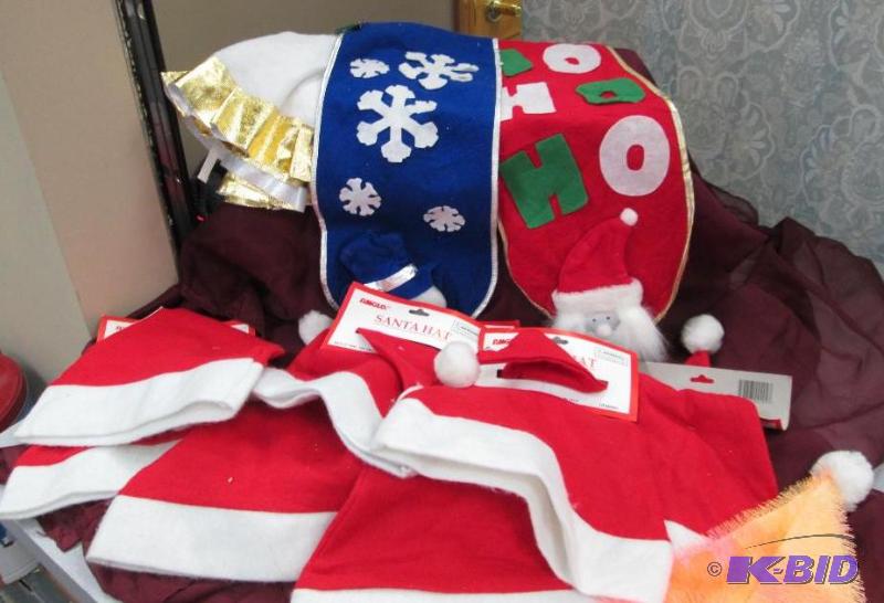 Many Santa hats and Santa banners...