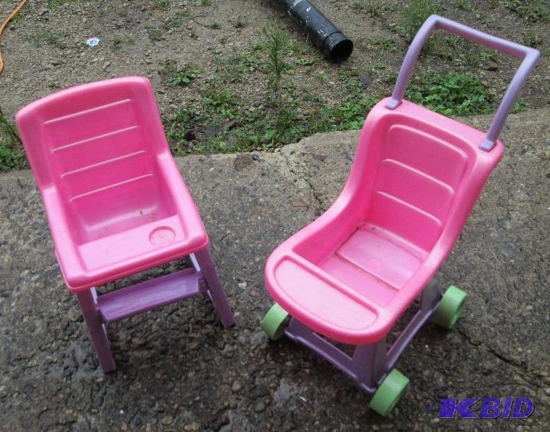 lot 114 image: pink and purple play chair and stroller for d...