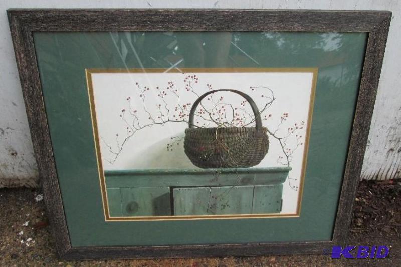lot 226 image: framed artwork- basket on a dresser scene 22&...