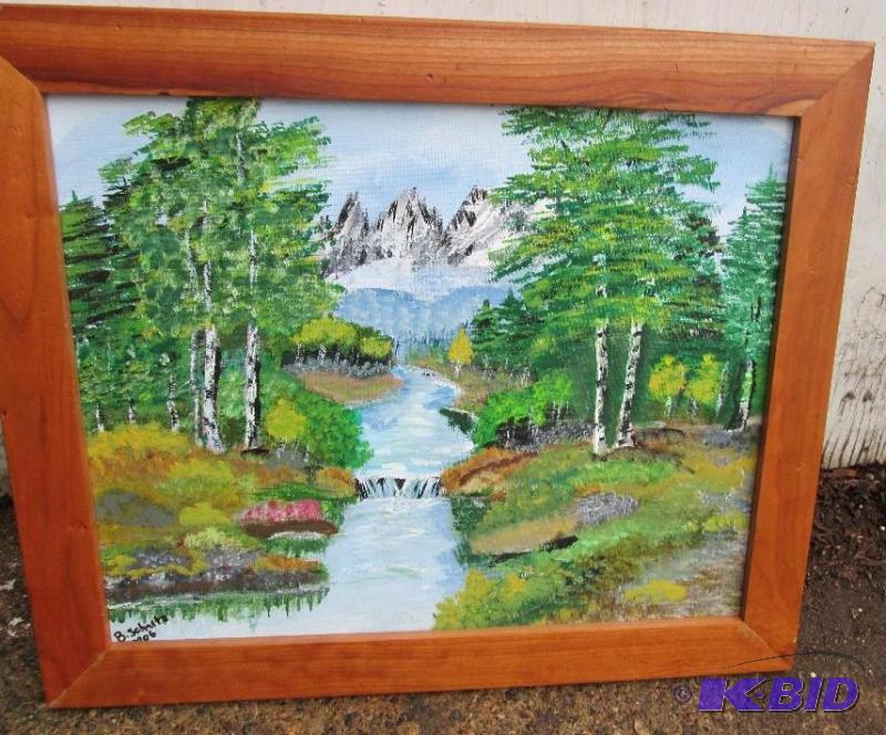 lot 227 image: framed artwork- mountain river with birch tre...