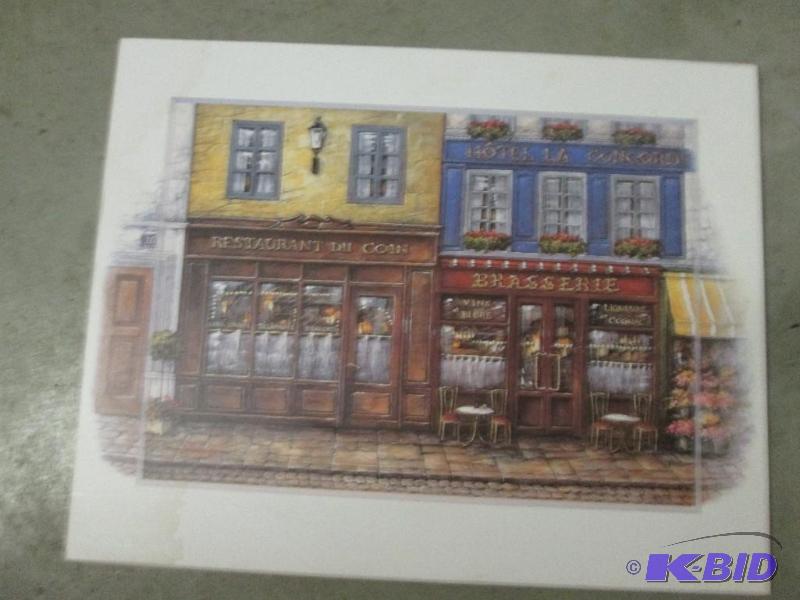 lot 245 image: painting on wood- Vose scene of storefronts 2...