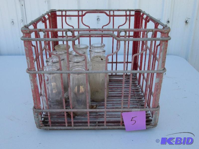 lot 5 image: vintage red,square, metal milk crate with 12 ...