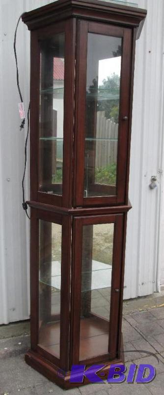 lot 50 image: Wooden display cabinet, glass shelves and lig...