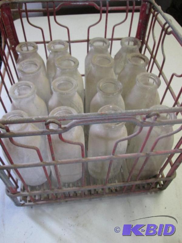 lot 54 image: vintage red square metal milk crate with 16 g...
