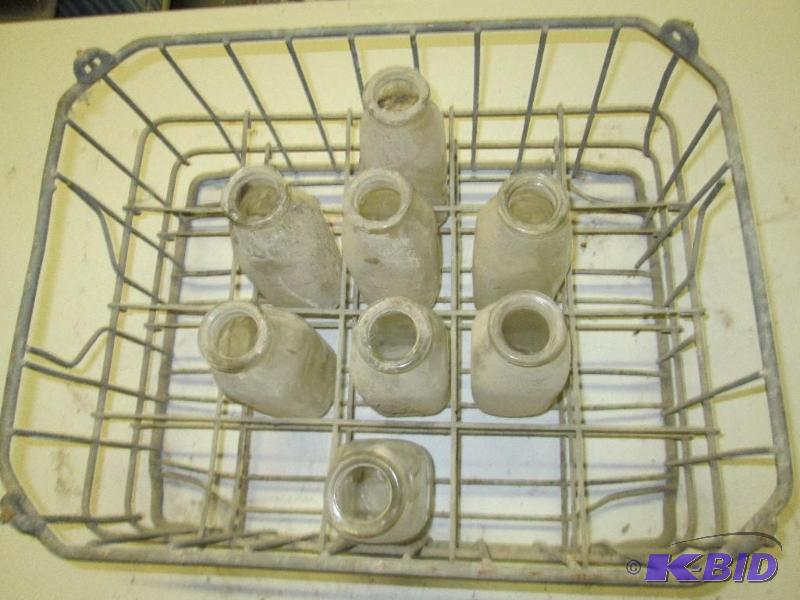 lot 79 image: vintage, stackable,metal crate with 8 glass b...