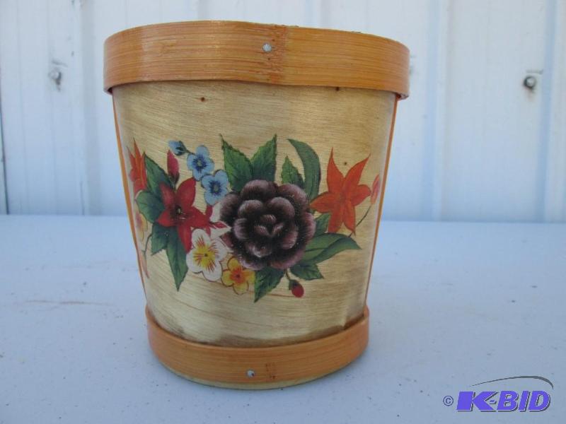 lot 9 image: painted floral basket, 5 inch opening...