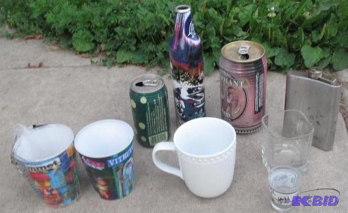 mixed lot of collectable cans and glasses, fl...