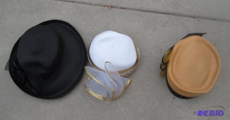 Lot of 3 antique hats black, cream and gold, ...