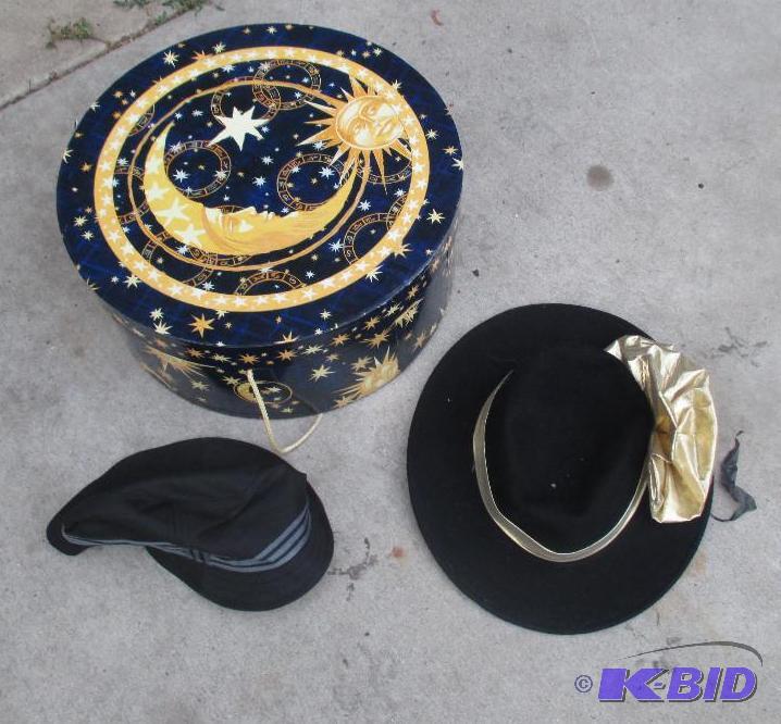 hat storage box, and 3 black hats...