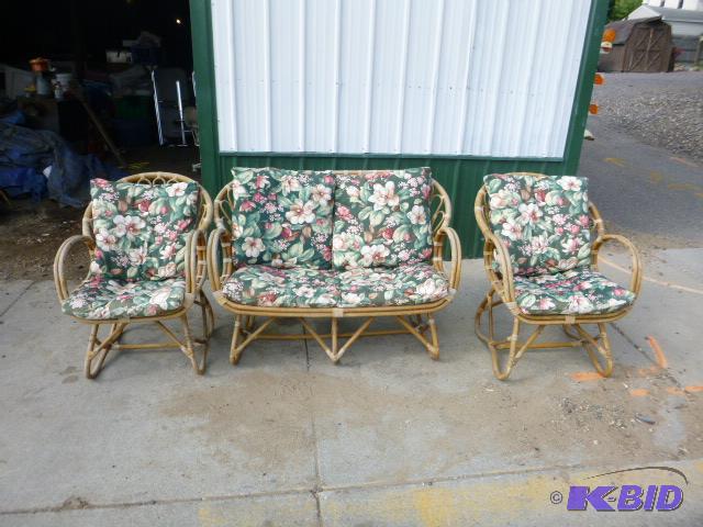 lot 63 image: Rattan Love Seat with 2 Chairs Padded seating...