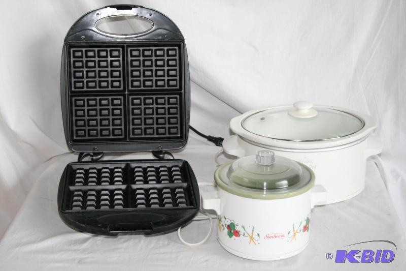 Electric waffle maker, 2 crock pots...
