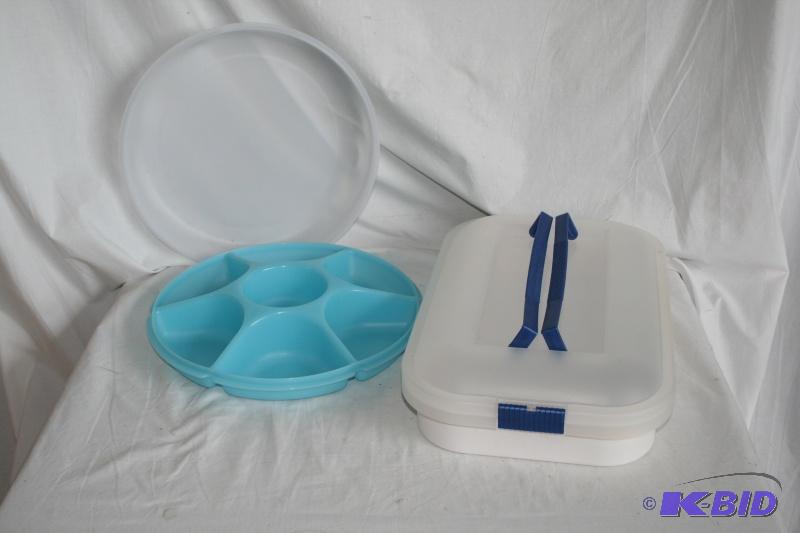 Plastic cake holder &amp Tupperware veggie t...