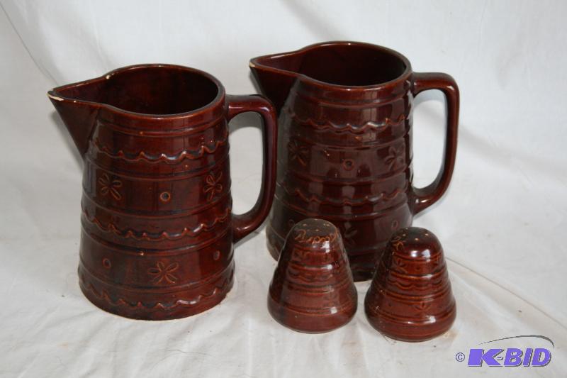 2 stoneware pitchers and salt and pepper shak...