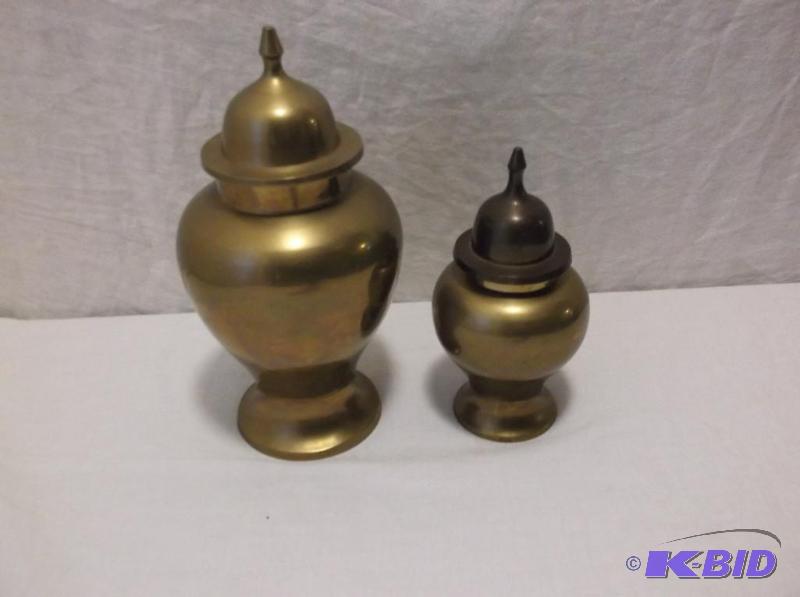 lot 37 image: Solid brass urns made in India....