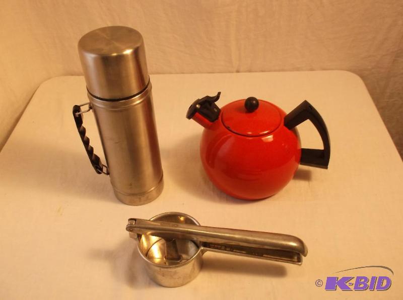 lot 51 image: Lot with potato ricer,tea pot,thermos all app...