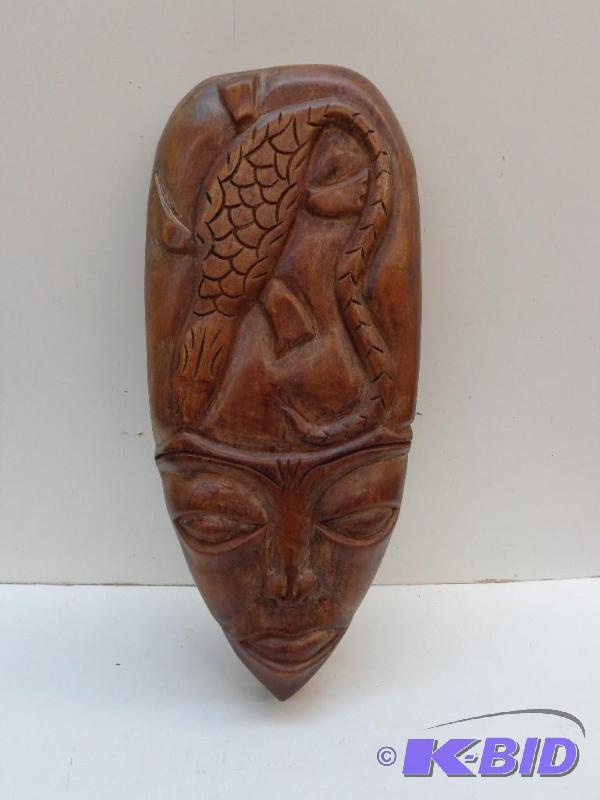 lot 119 image: Carved Mask of Woman wAlligator on Top 9&quo...