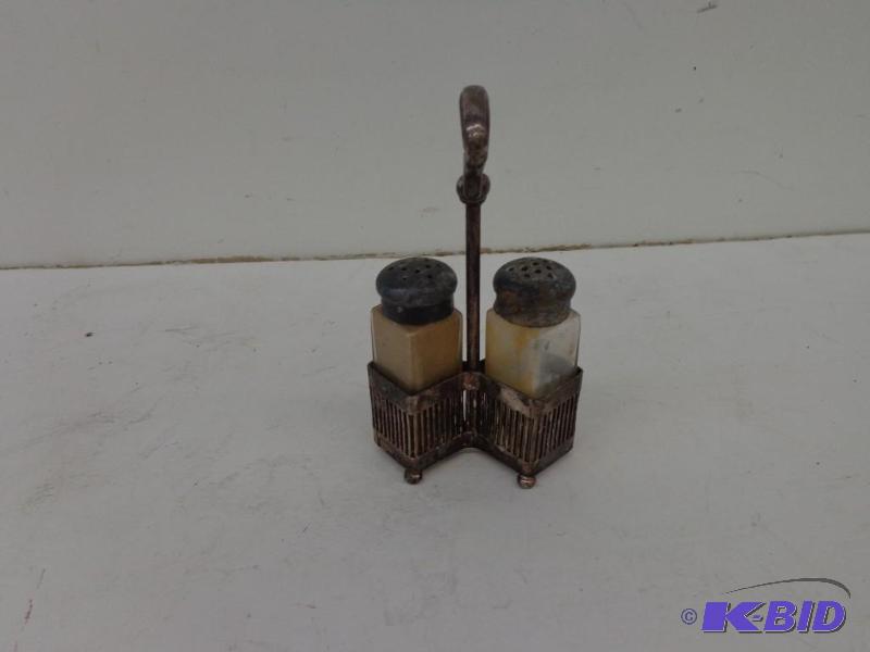 lot 222 image: Salt and Pepper Shaker with Stand Glass Conta...