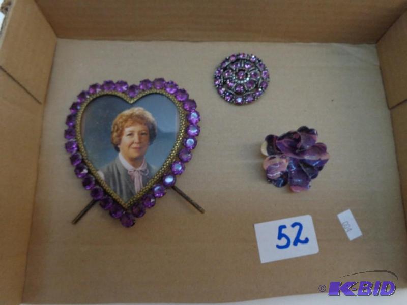 lot 52 image: Jeweled Picture Frame, Clip On Ear Rings, and...