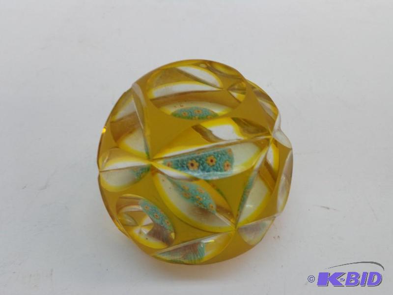 lot 80 image: Yellow Cut Glass Paperweight Floral Design In...