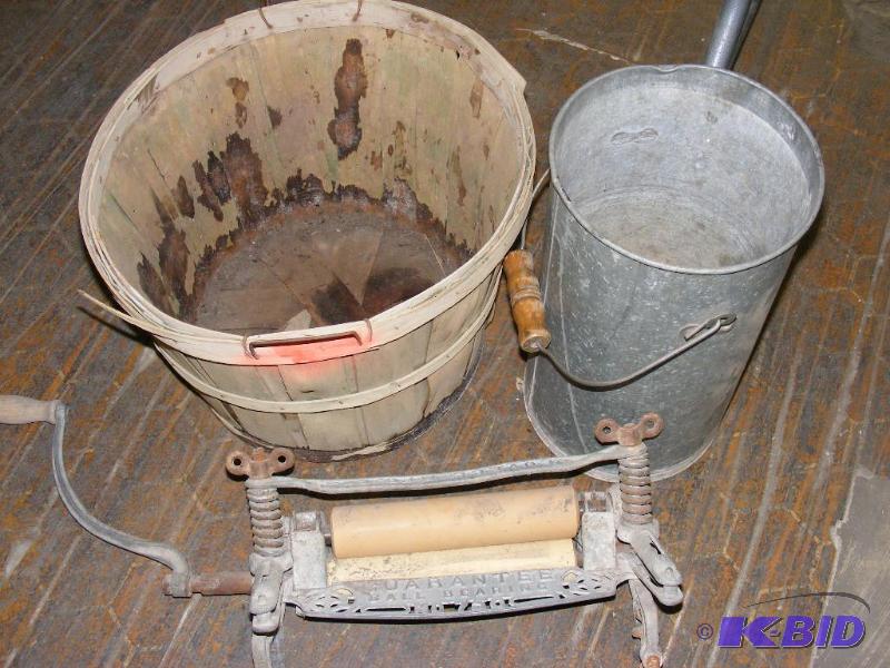 Old Washer Rollers Galvanized Pail and bushel...