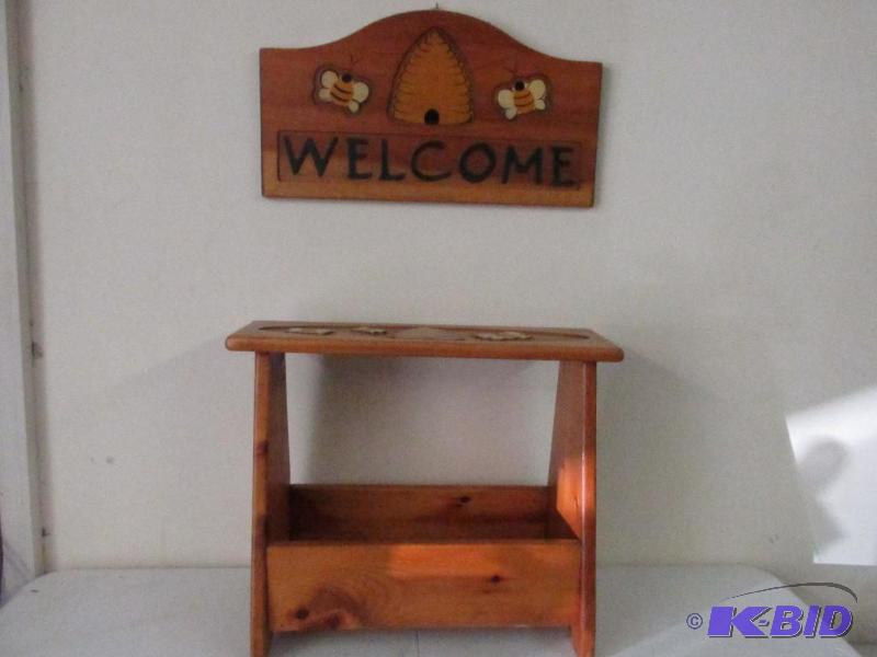 lot 112 image: Very Nice Wood Bench and Welcome Sign.