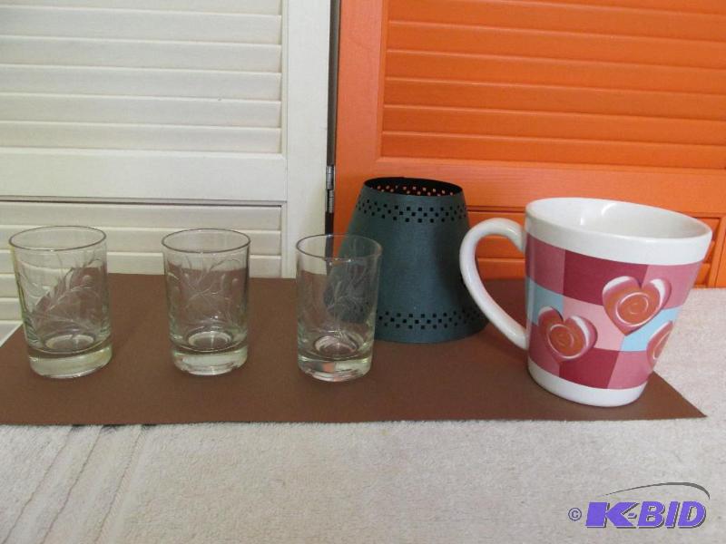 lot 92 image: Three Shot Glasses, Green Lamp Shade and a Large Coffee Cup.
