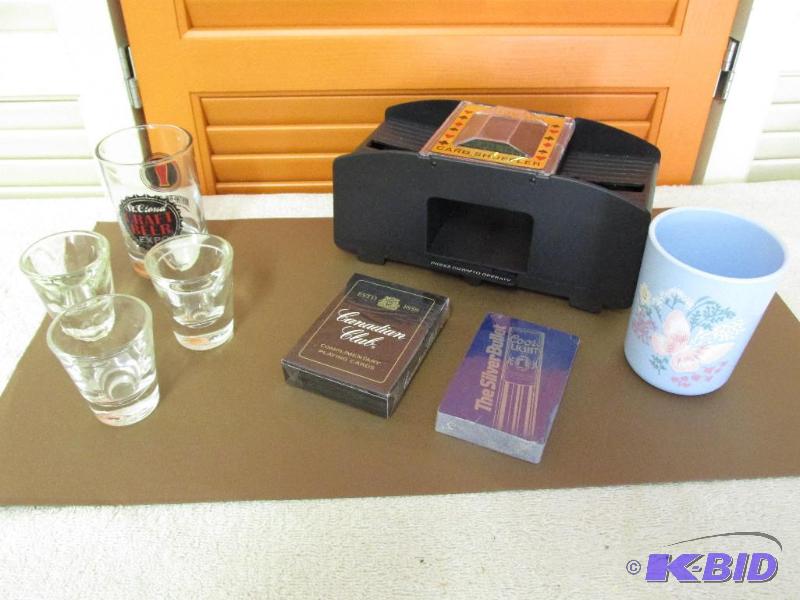 lot 96 image: Shot Glasses, Card Shuffler and Cards.