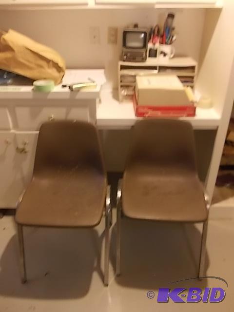 2-Plastic Stacking Chairs, Desk Top Full Of O...