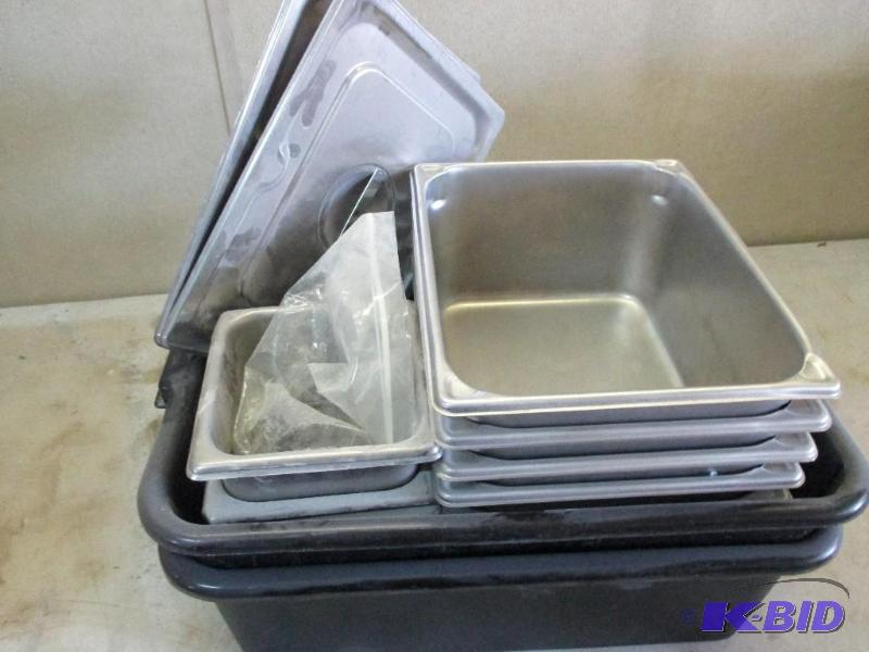 stainless steel containers and 2 wash tubs...
