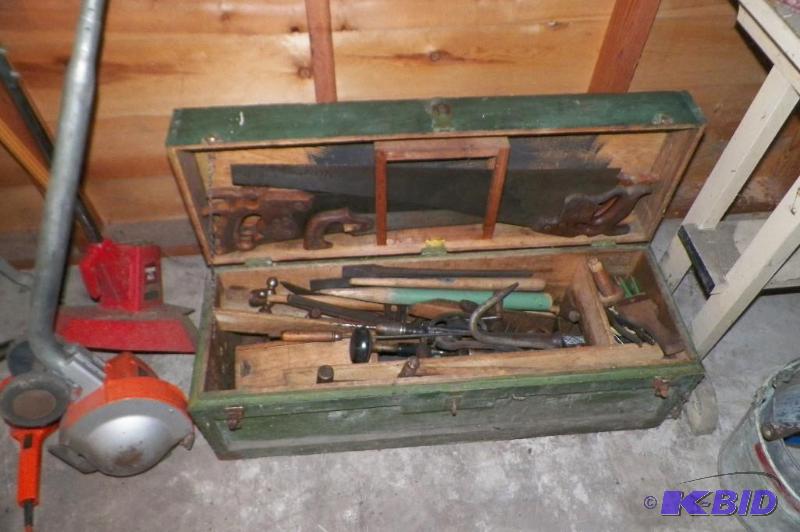 lot 1 image: Awesome Carpenters Tool Box loaded with tools.  You get everything shown in the pictures including a variety of hammers & Saws.