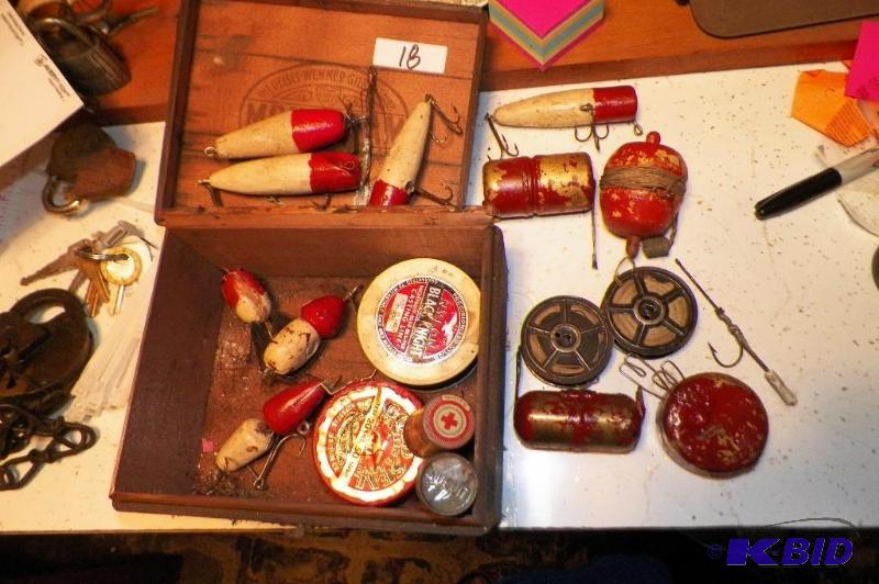 lot 18 image: Old cigar box found in garage with old fishing items.