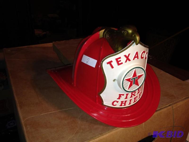 lot 2 image: 1963 Texaco  Fire  Chief Helmet with  Walkie Talkie  inside.  Great Condition.