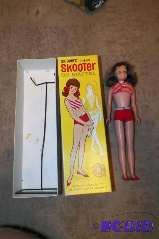 lot 8 image: Original Skooter Doll 1964 with Original Box, Outfit, Stand & Shoes.  This is a very RARE item.