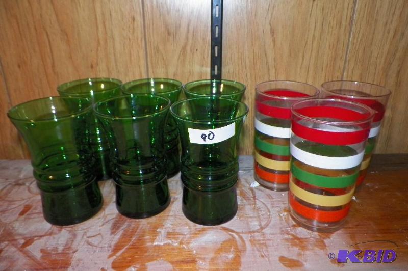 lot 90 image: 9 Vintage Glasses  3 striped 6 green